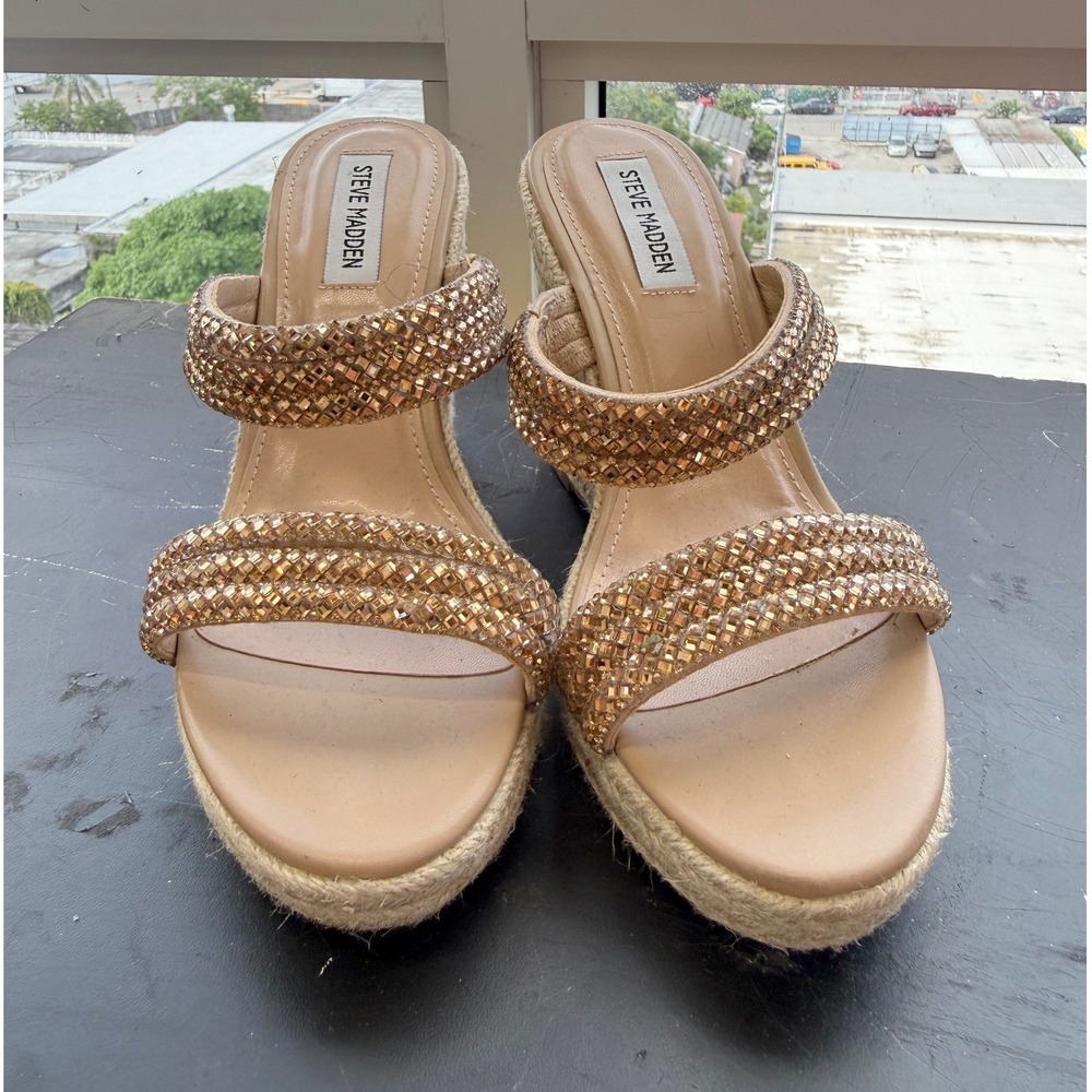 Steve Madden Tan Wedge Sandals Womens 8 Upton Rhinestone Espadrille Glam